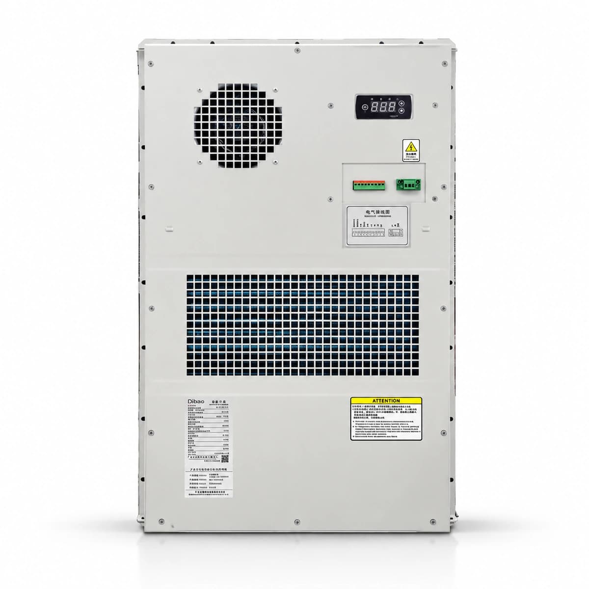 RICEWIND BPD2000 -48VDC 2000W Ultra-High Capacity Outdoor Cabinet DC Air Conditioner (IP55) - Front exterior view and airflow guide grilles
