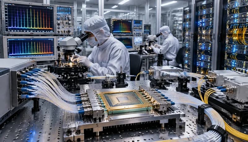 Silicon nitride photonic integrated circuit evaluation board showing an optical frequency comb generator die coupled via fiber ribbon arrays to high-resolution optical spectrum analyzers and thermal control stages.