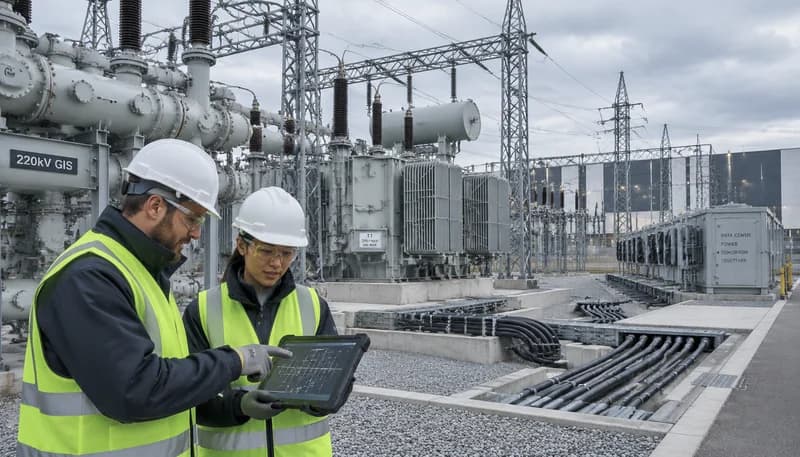 Large data center campus connected to utility substations and high voltage transmission infrastructure representing interconnection risk and grid planning challenges