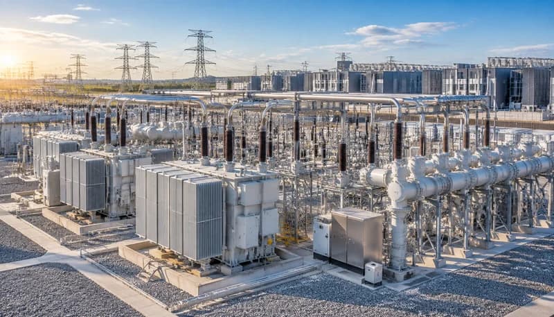 High-voltage 500kV to 34.5kV data center utility switchyard featuring gas-insulated switchgear, redundant step-down power transformers, and transmission interconnection towers.