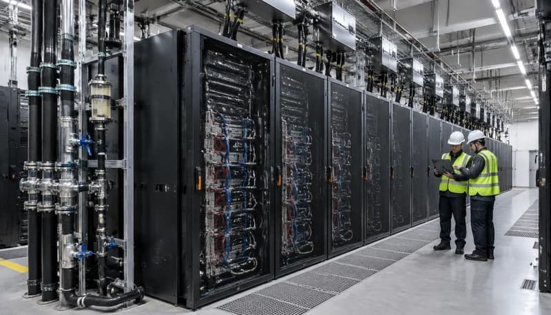 Engineering view of a high-density AI data center rack row with power distribution equipment, liquid cooling infrastructure and structural support systems