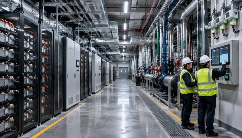 Multi-tier gas mitigation infrastructure showing aspirated smoke detection sniffer tubes, ceiling-mounted electrochemical hydrogen sensors, low-level refrigerant leak detectors, and automated emergency purge damper actuators in a hyperscale facility.