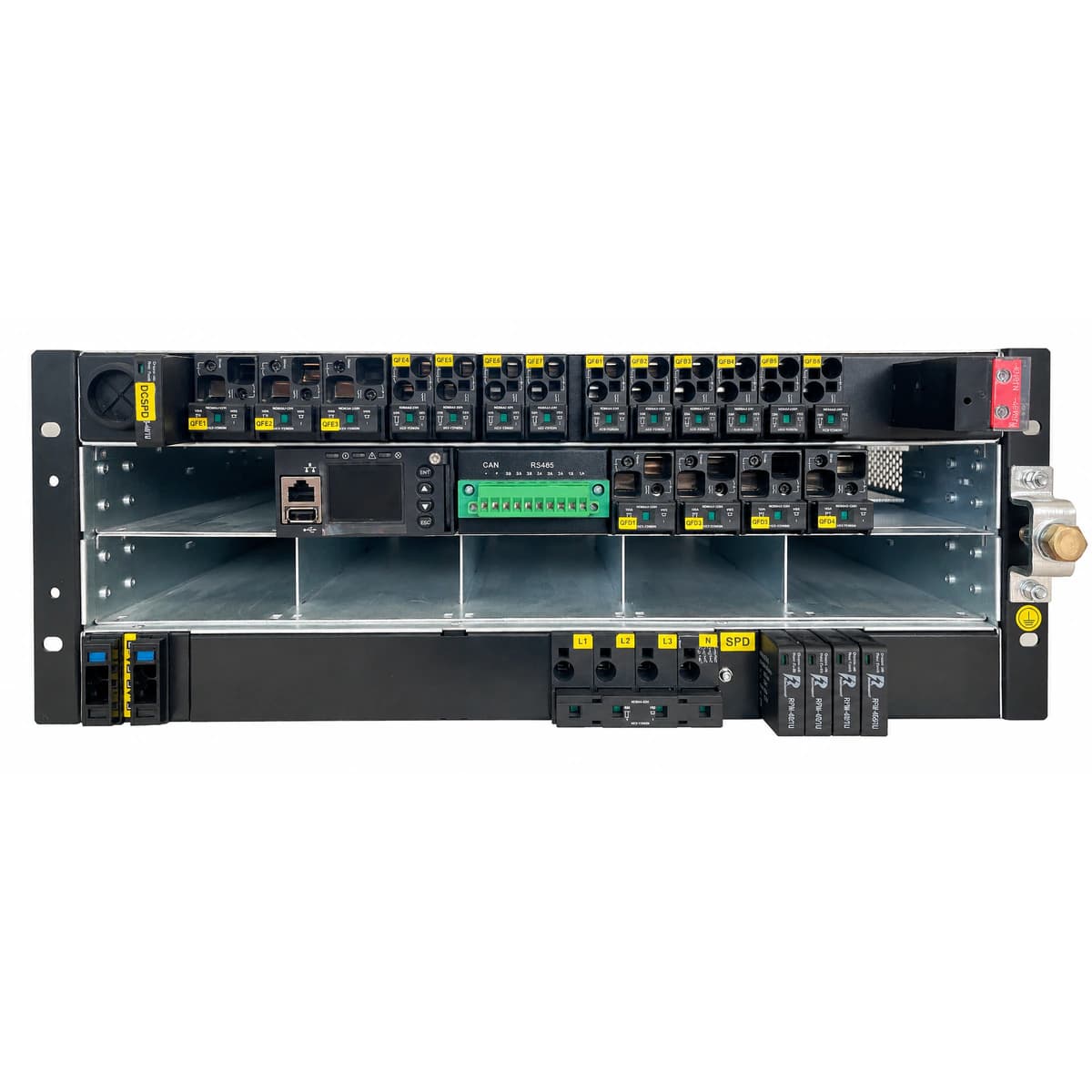 Vertiv NetSure 7100 A61-S2 High-Capacity DC Power Distribution Cabinet (-48V Dual LLVD/BLVD) - Rear Backplane & Terminals View