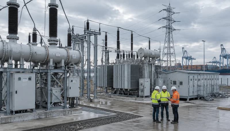 High-voltage 150kV gas-insulated switchgear bay and modular medium-voltage transformers adjacent to a containerized battery energy storage system at a regional Dutch data center campus.