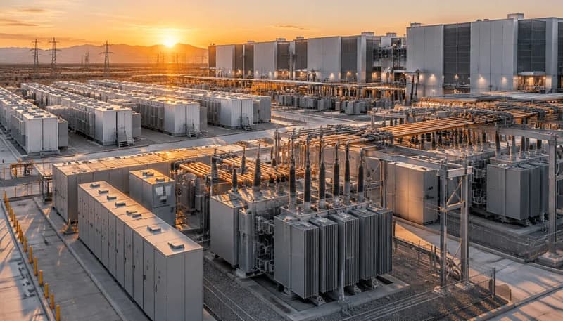 Schematic engineering render of a grid-interactive hyperscale AI campus with medium-voltage substations, containerized utility BESS, 54 VDC rack power shelves, and closed-loop direct-to-chip liquid cooling loops.