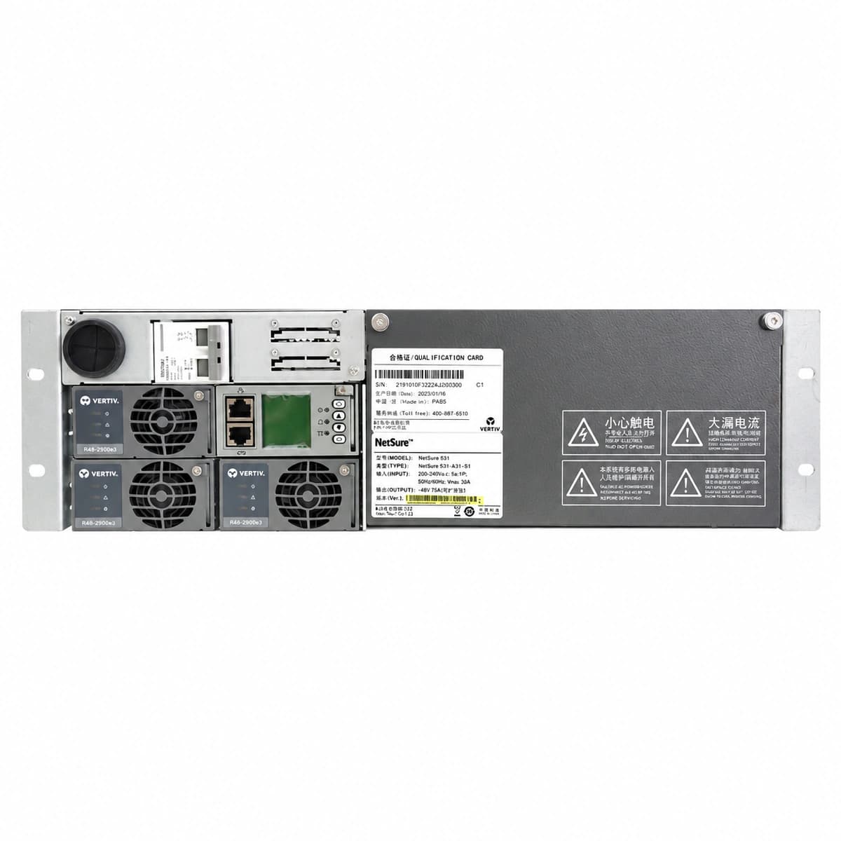 Vertiv NetSure 531A31-S1 3U Subrack Embedded DC Power System (-48V 150A/200A R48-2000e3) - Rear Backplane & Terminals View