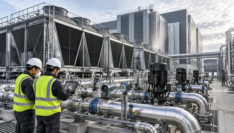 Industrial data center cooling plant featuring closed-loop adiabatic dry coolers, dual-redundant pumping skids, and automated blowdown water treatment filtration systems.